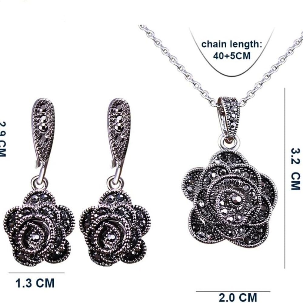 Vintage Black Crystal Geometric Rose Flower Necklace Earrings Jewelry Set - Picture 2 of 7